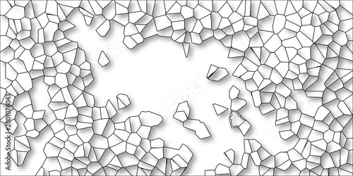 Abstract geometric mosaic pattern with irregular polygonal shapes and subtle drop shadows creating a fractured effect on a white background