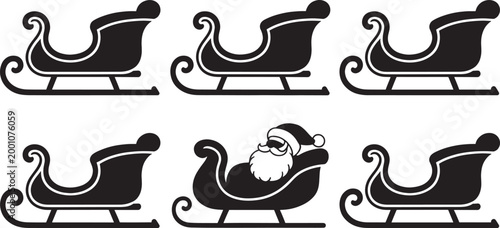 Santa claus riding christmas sleigh silhouette set for holiday cards and winter festive decorations.
