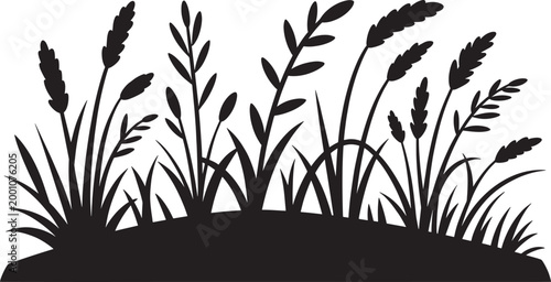 Grass and reeds vector black silhouette on a small hill isolated on transparent background.