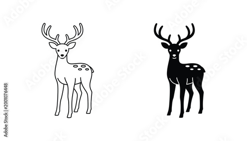 Elegant outline and solid black silhouette icon of a majestic deer with large antlers standing alertly symbolizing nature and wildlife