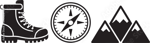 Outdoor adventure icons boot compass mountains for hiking travel and exploration concept vector.