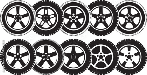 Collection of car wheels and tires different rims and treads for automotive design and transport theme.