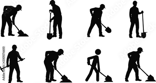 Set of construction worker silhouettes wearing hard hats and using shovels and pickaxes for manual labor and site work