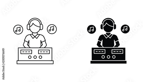Outline and solid black icon of a dj wearing headphones at a mixing board with musical notes symbolizing music and entertainment