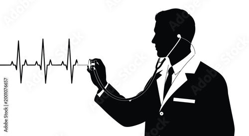 Silhouette of a doctor in a suit using a stethoscope to examine an electrocardiogram heartbeat