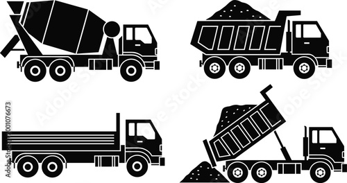 Set of heavy construction vehicle silhouettes featuring concrete mixer truck and dump trucks carrying and unloading sand materials