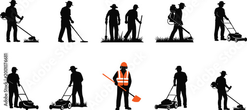 Set of gardener and landscaper silhouettes featuring workers using lawn mowers grass trimmers and shovels for professional garden maintenance