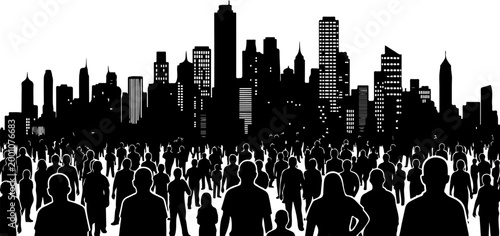 Black silhouette of crowded city skyline with many tall skyscrapers.