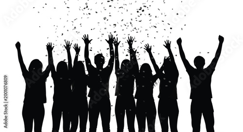Diverse group of happy friends throwing confetti into the air to celebrate their big victory