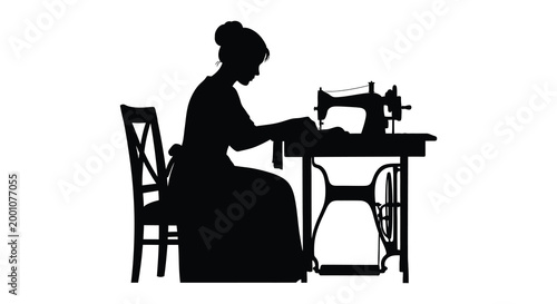 Vintage silhouette of a woman sewing with an antique treadle sewing machine
