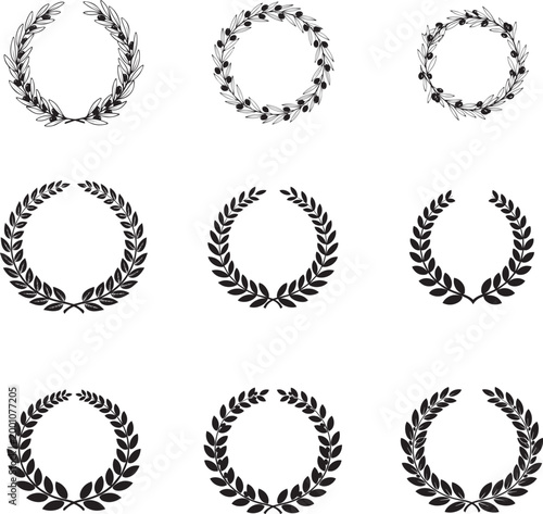 Set of vintage laurel wreath vector frames with floral circular borders and ornamental award design