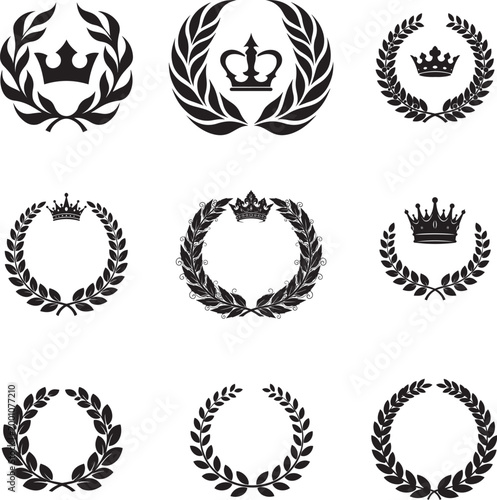 Vector set of black and white decorative floral elements wreaths laurels and tribal symbols