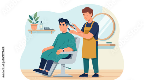 A cartoon illustration of a barber cutting a customer's hair in a salon