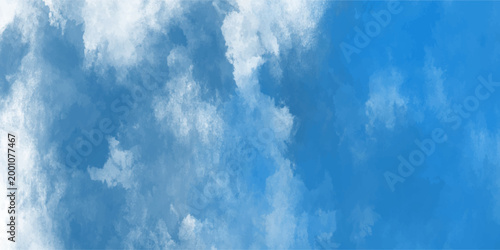 Bright blue sky with fluffy white cloud textures in a watercolor style for atmospheric backgrounds and nature-inspired designs