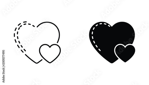 Outline and solid black heart icons symbolizing love relationship and affection graphic design elements
