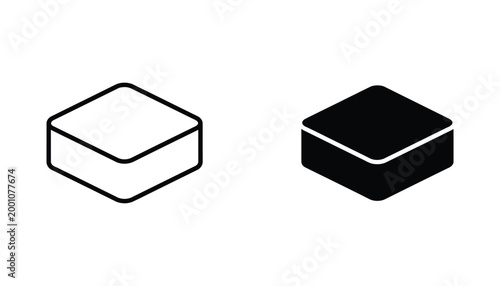 Isometric outline and solid black cube icons representing 3d shape and geometric form graphic design elements