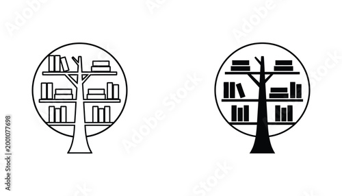Tree of knowledge icon outline and solid black version representing books and learning vector graphic