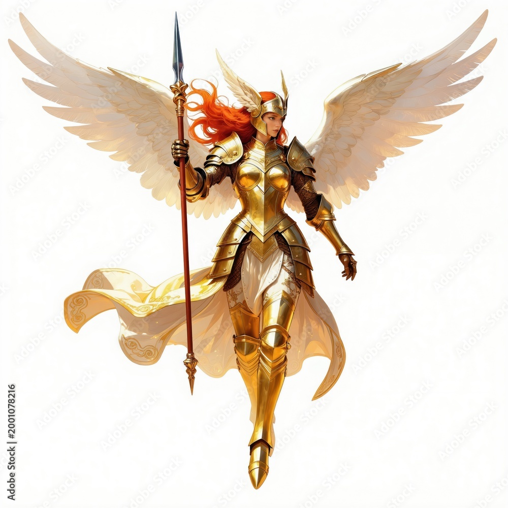 Fototapeta premium Golden armored female angel with large white wings holds spear. She descends from sky with red hair flowing. Heroine stands ready for battle.