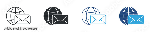 Global email icon set. envelope with globe symbol. international communication and messaging concept. vector illustration.