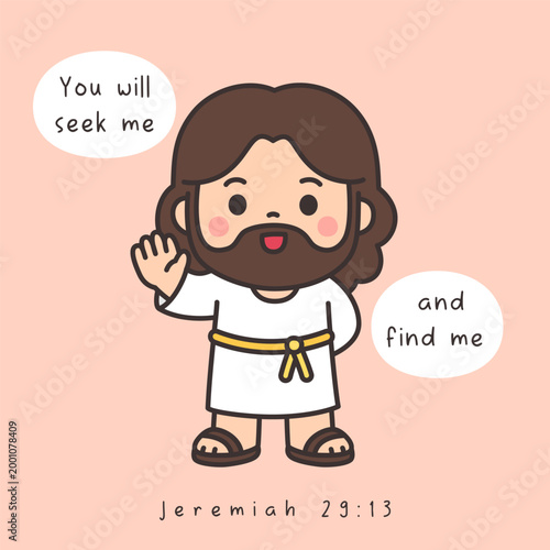 Cute chibi cartoon Jesus character waving with Bible verse