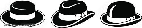 hat silhouette set boater fedora bowler black white illustration
