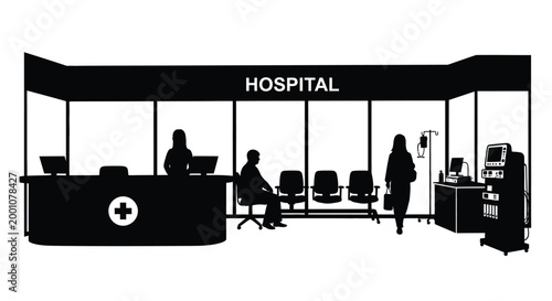 Modern hospital waiting area and reception desk vector illustration featuring medical staff and patients.