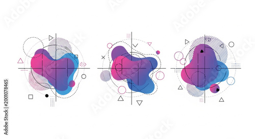 Colorful abstract shapes, gradient blobs, geometric icons, infographic elements