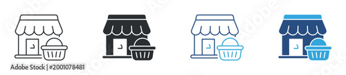 Local shop icon set. storefront with shopping basket. small business and retail concept. vector illustration.