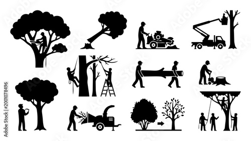 Tree Care and Arborist Icon Set – Tree Surgery, Pruning and Forestry Service Silhouettes