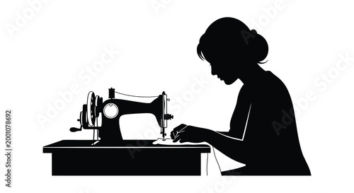 Vintage sewing silhouette a woman at work with a classic sewing machine