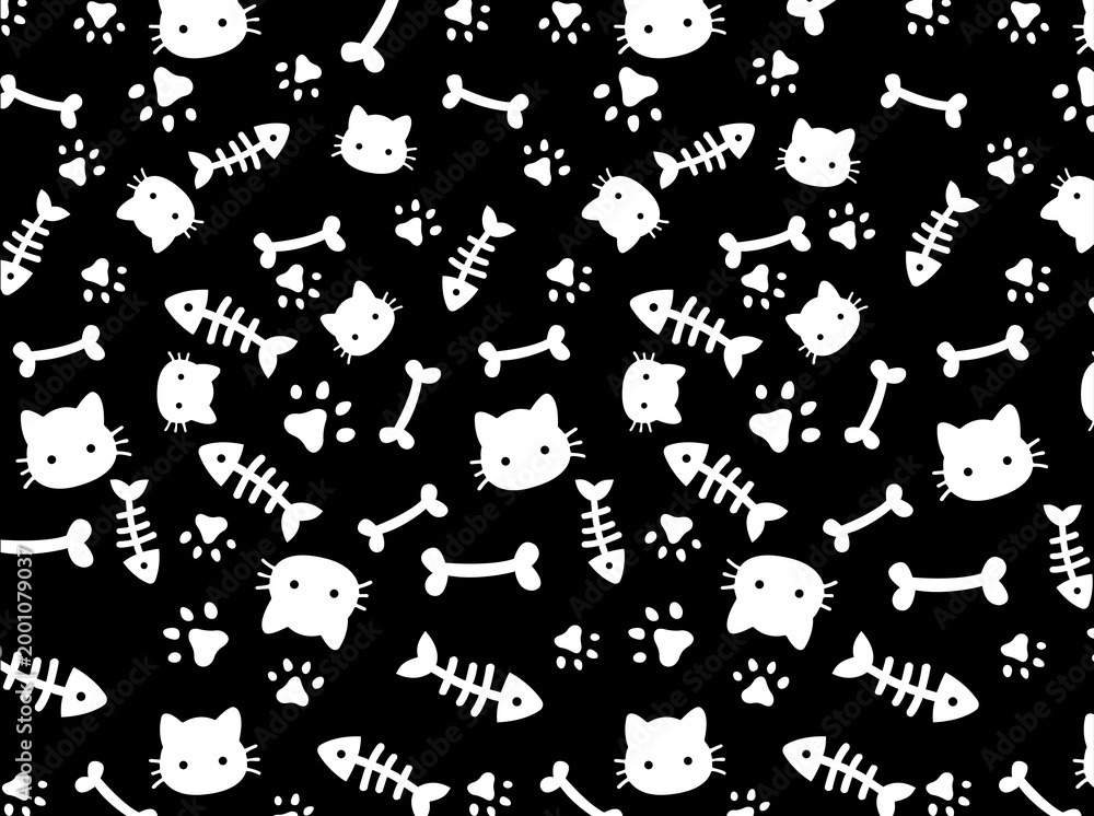 Fototapeta premium Seamless cute cat pattern with fish bones, paws and cartoon kitten faces on black background. Playful minimal pet design in monochrome style, suitable for textiles, fabric, wrapping paper.