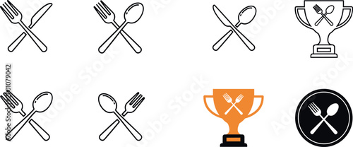 Creative Fork and Spoon Icon Set Featuring Crossed Cutlery, Trophy, and Circular Designs for Restaurant, Awards, and Dining