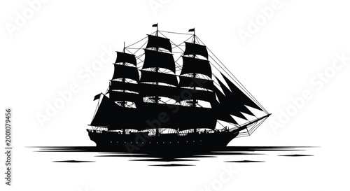 Detailed historic tall ship silhouette vector graphic illustration with full sails navigating water.