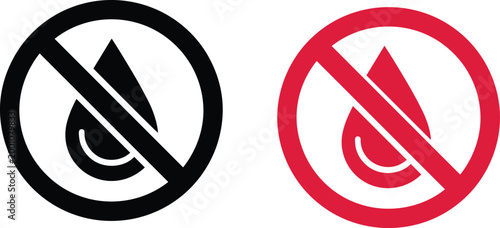 Vector illustration of prohibition signs with droplet icons crossed out in black and red circular designs for restriction themes