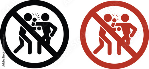 Vector illustration of prohibition signs with stick figures fighting crossed out in black and red circular designs