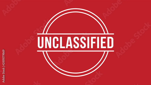 Vector illustration of red circular label with white outline, horizontal line, and bold uppercase text UNCLASSIFIED for document marking