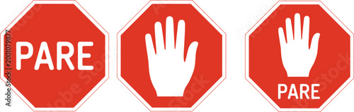 Vector illustration of red octagonal stop signs with text PARE, hand gesture, and combined design for traffic and safety use