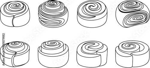 Vector illustration of spiral pastry shapes in black‑and‑white line art style
