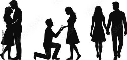 Romantic couple silhouettes set featuring man proposing with ring on knee, pair hugging passionately, and young lovers walking holding hands