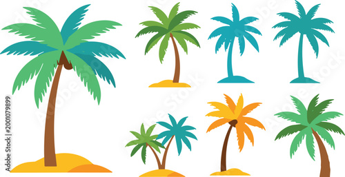 Vector illustration of stylized palm trees in tropical beach setting with varied trunks and colorful leaf designs