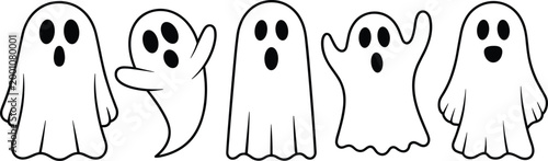 Vector illustration of cartoon ghosts with spooky expressions, floating poses, and playful Halloween theme in simple white sheet design