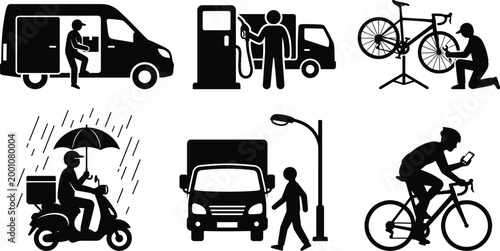 Courier delivery van loading, gas station refueling truck, bicycle repair shop service, rain scooter delivery, pedestrian safety near truck, cycling navigation.