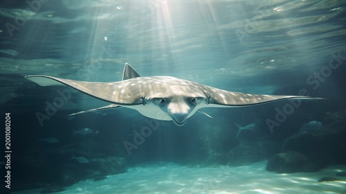 A photo of a stingray gliding underwater.