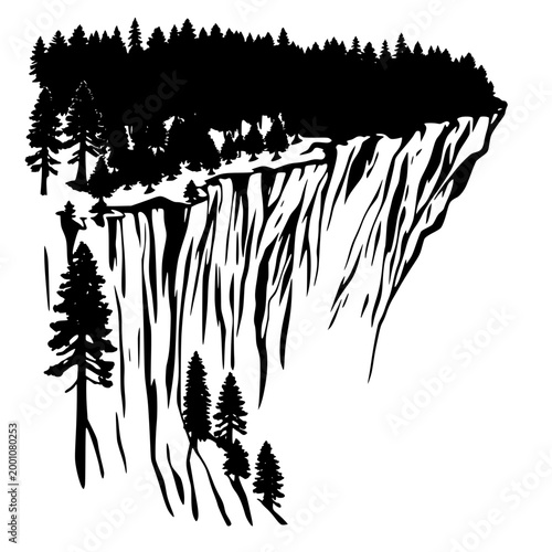 Dramatic forest cliff edge with trees silhouette, vector illustration of a steep rocky mountain cliff with pine trees on top and a sheer drop, landscape design element for nature and adventure themes.