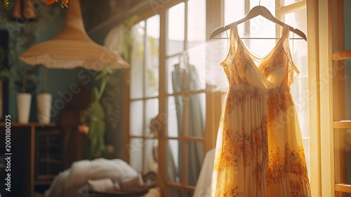 A photo of a summer dress hanging in a boutique