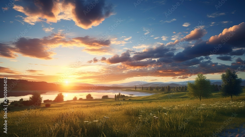 Fototapeta premium A photo of a sunset over a rural landscape