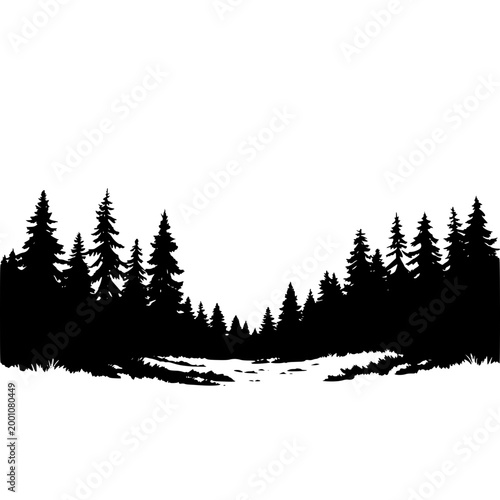 A serene forest clearing silhouette at dusk with tall evergreen trees standing against a white background, evoking a sense of peace and tranquility in a natural landscape setting.