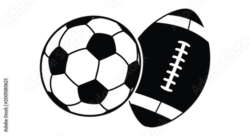Black and white illustration of a soccer ball and american football silhouette