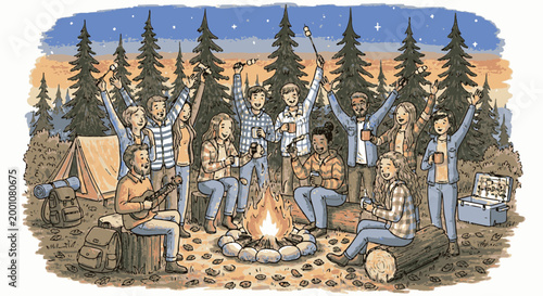 Diverse group of friends enjoying a campfire in the woods at night, singing and celebrating with drinks.