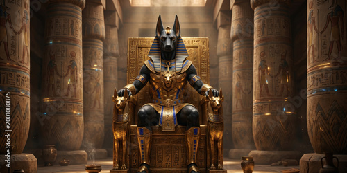 Egyptian jackal god seated in ancient temple interior